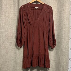 Lucky Brand Rust V-Neck Dress with Eyelet Accents